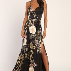 Lulus Still The One Black Floral Print Satin Maxi Dress - Size M